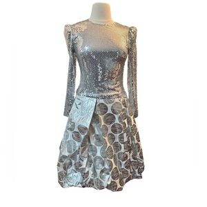 Vintage Haute Couture Richilene Metallic Long Sleeved High Low Formal Dress